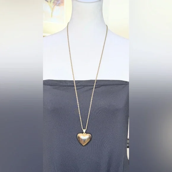 Vintage Gold Tone Puffy Heart Pendant Necklace Rope Chain 24” - Picture 3 of 12